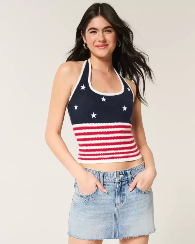 American Flag Pattern Crochet-Style Halter Top American Flag Pattern Crochet-Style Halter Top