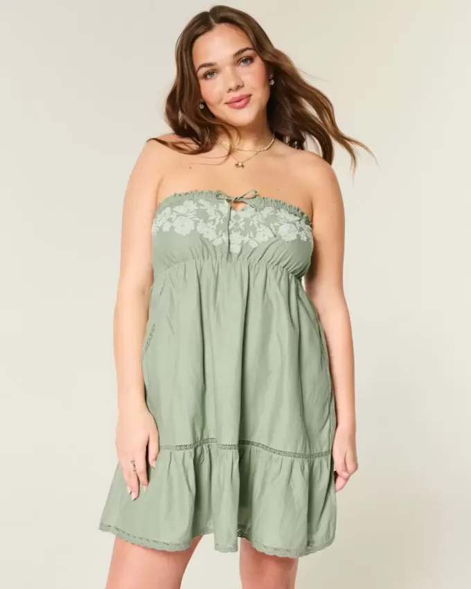 Axelbandslös Broderad Babydoll Klänning Axelbandslös Broderad Babydoll Klänning
