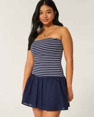 Axelbandslös stickad vävd miniklänning med drop-waist