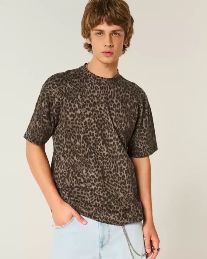 Boxig tungvikts T-shirt med leopardtryck i bomull