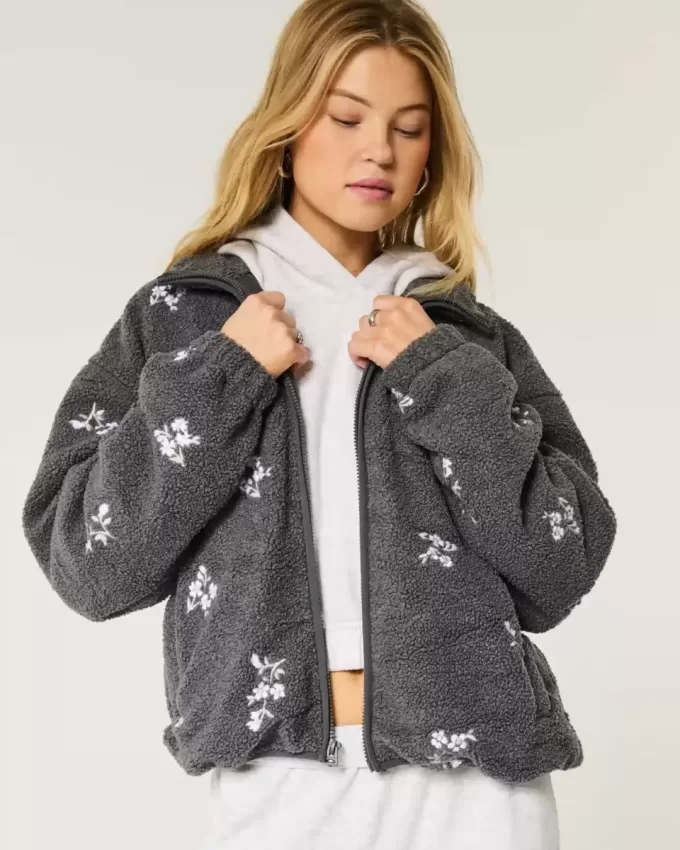 Broderad sherpa fleecejacka