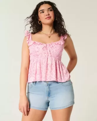 Curvy Low-Rise Light Wash Blommig Broderade Shortie Shorts