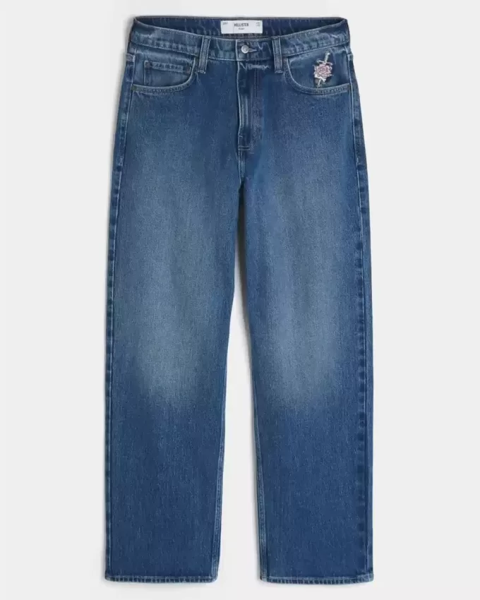 Dark Wash Rose Graphic Baggy Jeans Dark Wash Rose Graphic Baggy Jeans