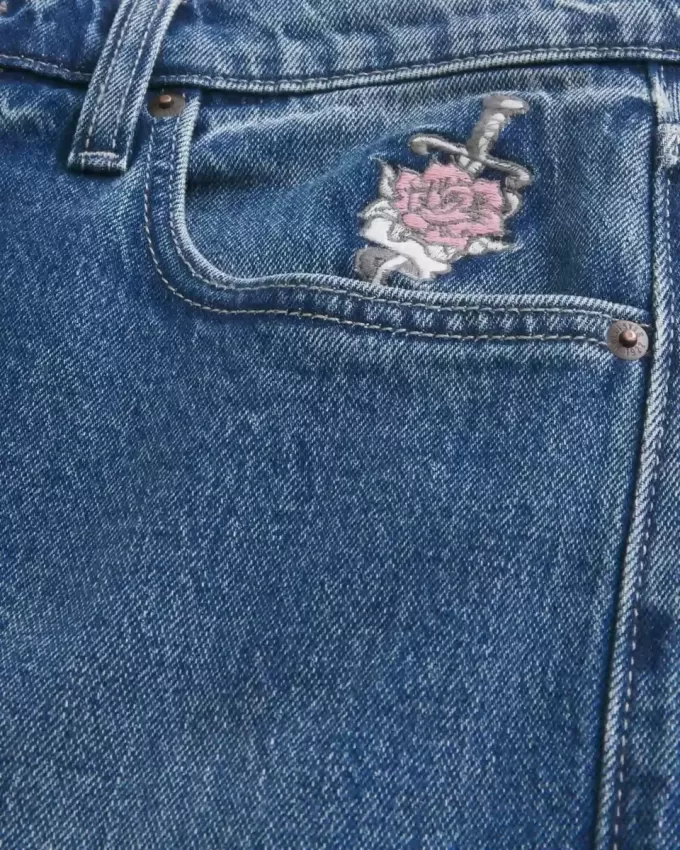 Dark Wash Rose Graphic Baggy Jeans Dark Wash Rose Graphic Baggy Jeans