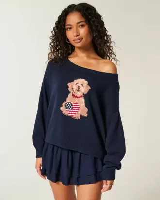 Easy Off-the-Soulder Dog Graphic Sweater
