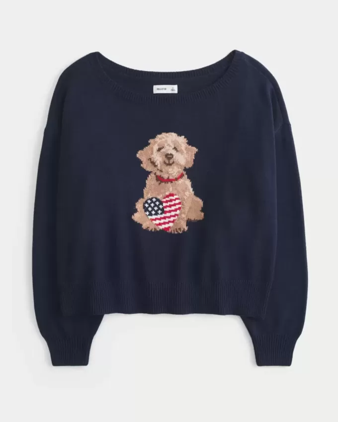 Easy Off-the-Soulder Dog Graphic Sweater Easy Off-the-Soulder Dog Graphic Sweater