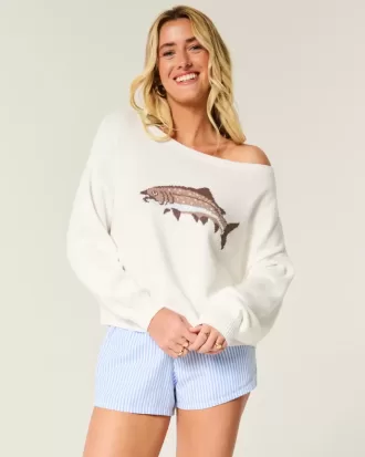 Easy Off-the-Soulder Fish Graphic Sweater