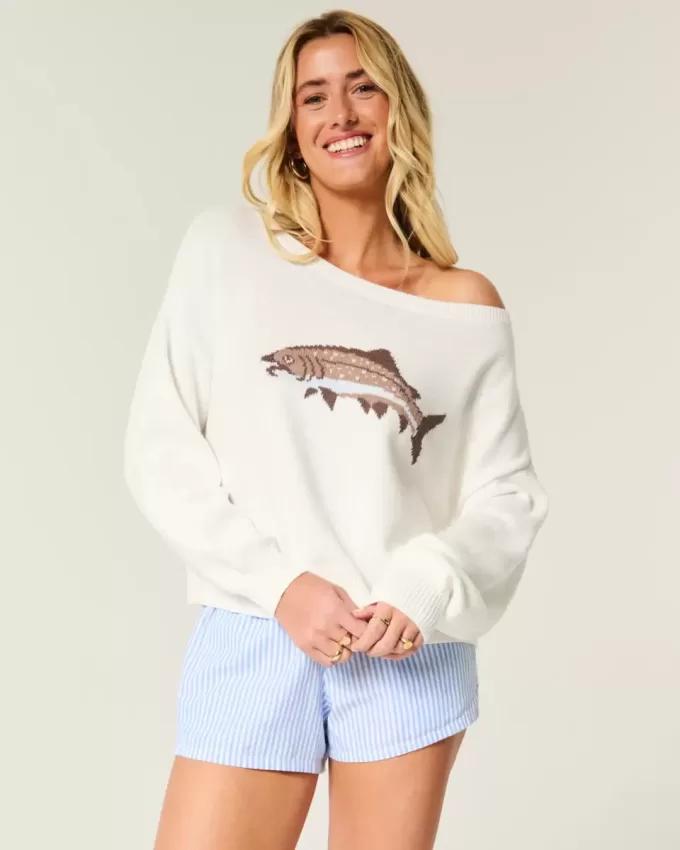 Easy Off-the-Soulder Fish Graphic Sweater Easy Off-the-Soulder Fish Graphic Sweater