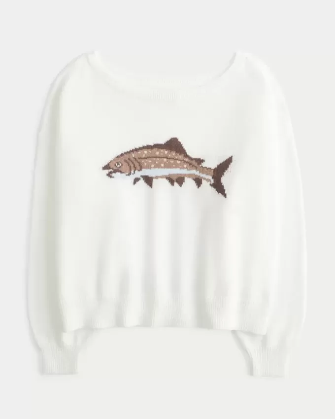 Easy Off-the-Soulder Fish Graphic Sweater Easy Off-the-Soulder Fish Graphic Sweater