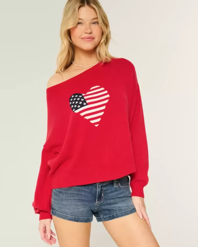 Easy Off-the-Soulder Heart Flag Graphic Sweater Easy Off-the-Soulder Heart Flag Graphic Sweater