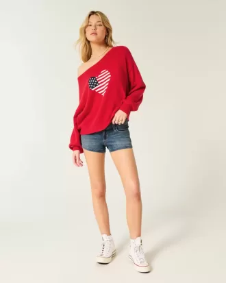 Easy Off-the-Soulder Heart Flag Graphic Sweater