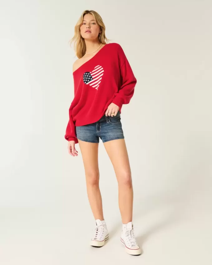 Easy Off-the-Soulder Heart Flag Graphic Sweater Easy Off-the-Soulder Heart Flag Graphic Sweater