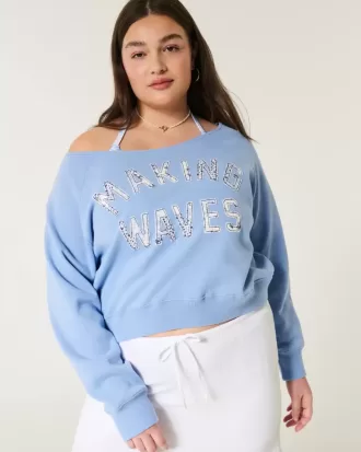 Easy Off-the-Soulder Making Waves Graphic Crew Sweatshirt