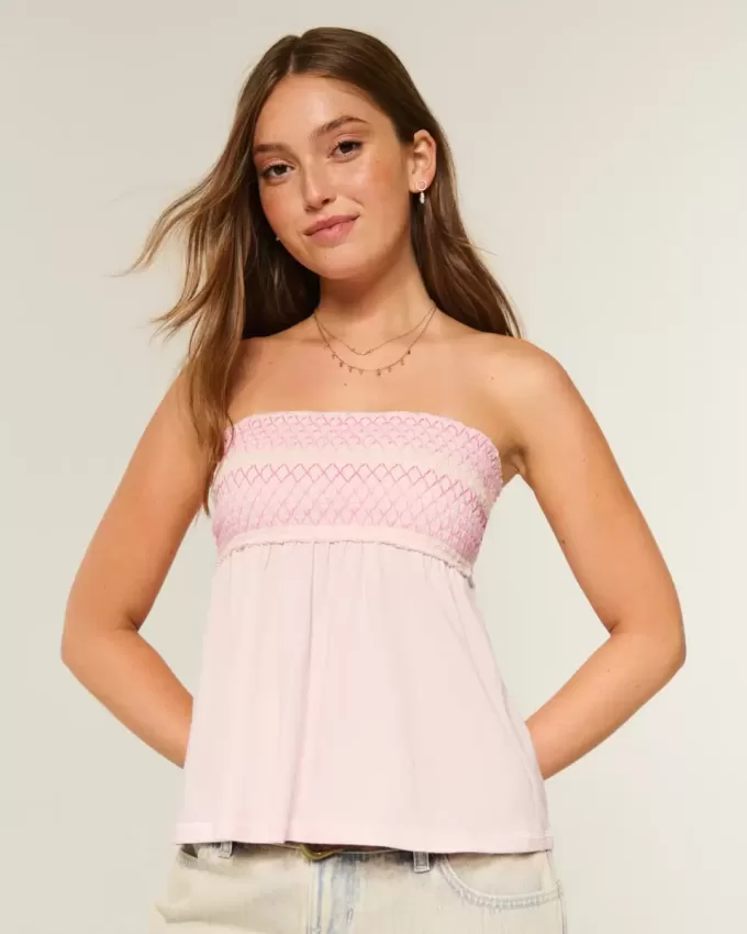 Enkel axelbandslös smockad Babydoll Top Enkel axelbandslös smockad Babydoll Top
