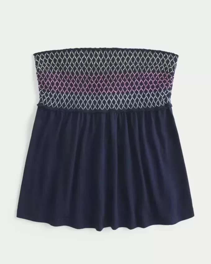 Enkel axelbandslös smockad Babydoll Top Enkel axelbandslös smockad Babydoll Top