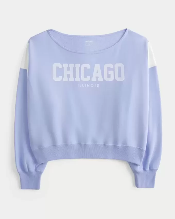 Enkel off-the-shoulder Chicago grafisk tröja Enkel off-the-shoulder Chicago grafisk tröja