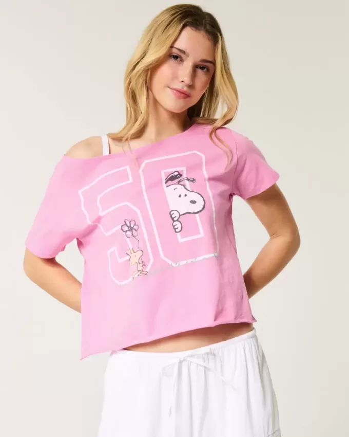 Enkel off-the-shoulder Snoopy grafisk t-shirt Enkel off-the-shoulder Snoopy grafisk t-shirt
