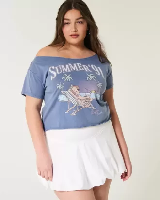 Enkel off-the-shoulder sommargrafisk t-shirt