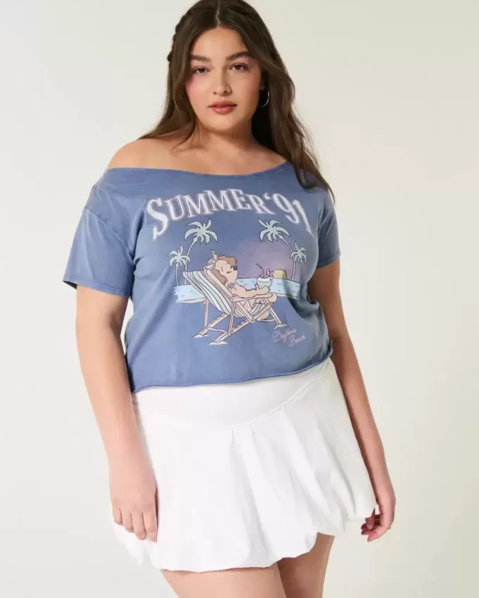Enkel off-the-shoulder sommargrafisk t-shirt Enkel off-the-shoulder sommargrafisk t-shirt