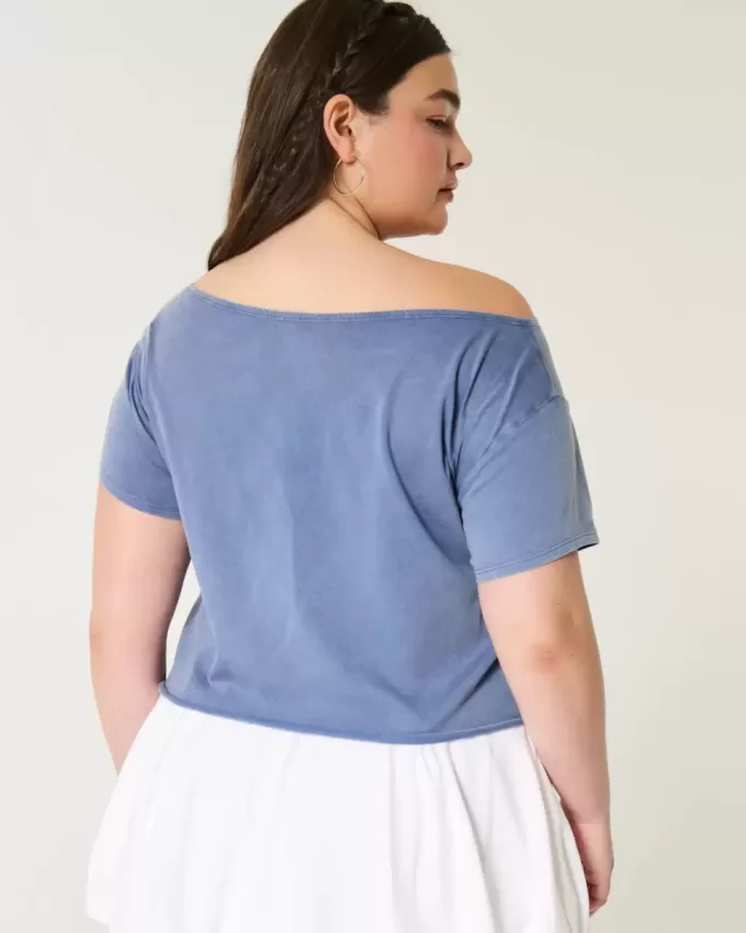 Enkel off-the-shoulder sommargrafisk t-shirt Enkel off-the-shoulder sommargrafisk t-shirt