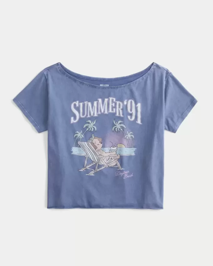 Enkel off-the-shoulder sommargrafisk t-shirt Enkel off-the-shoulder sommargrafisk t-shirt
