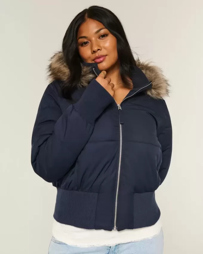 Faux Fur Trim Puffer Bomberjacka Faux Fur Trim Puffer Bomberjacka