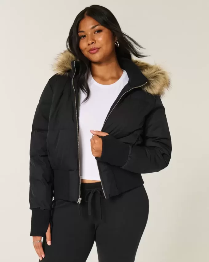 Faux Fur Trim Puffer Bomberjacka Faux Fur Trim Puffer Bomberjacka