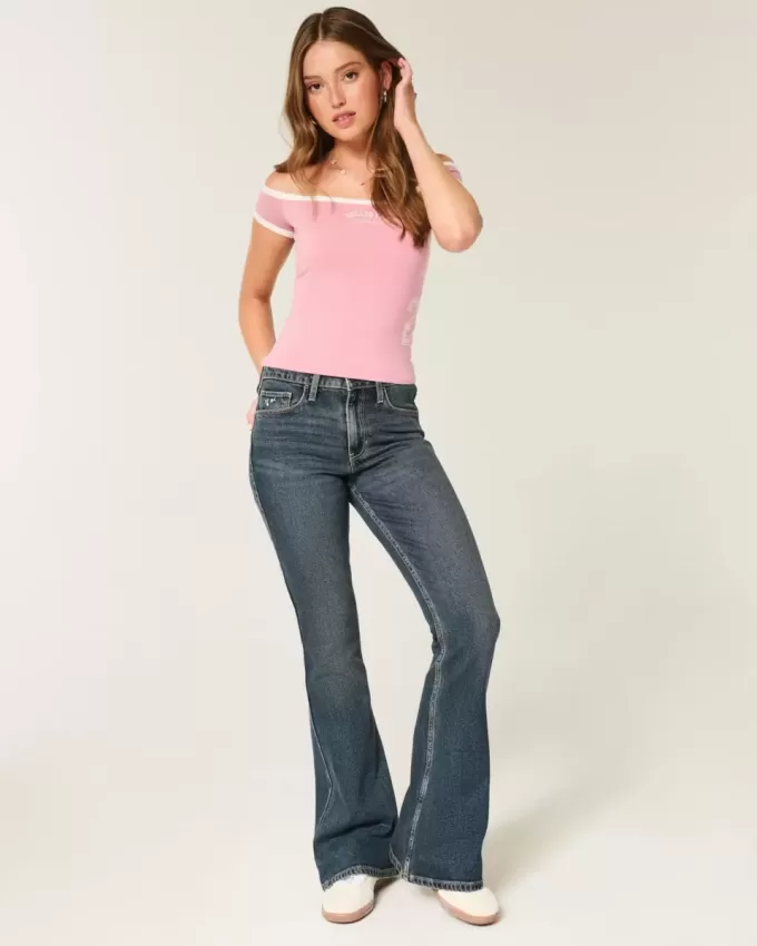 High-Rise Dark Wash Broderade Blommor Flare Jeans High-Rise Dark Wash Broderade Blommor Flare Jeans
