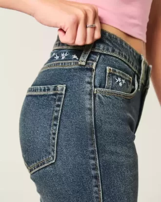 High-Rise Dark Wash Broderade Blommor Flare Jeans