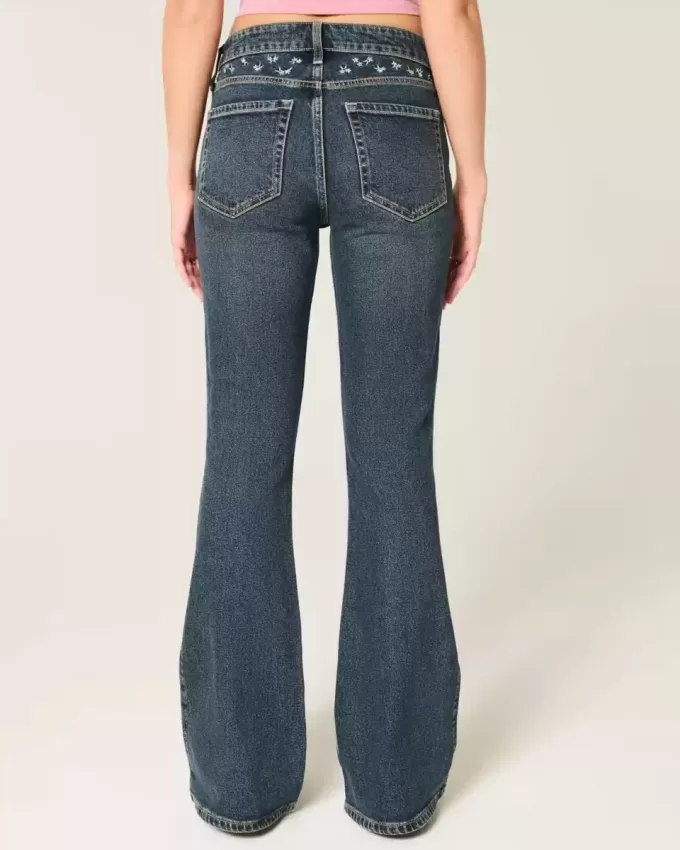 High-Rise Dark Wash Broderade Blommor Flare Jeans High-Rise Dark Wash Broderade Blommor Flare Jeans