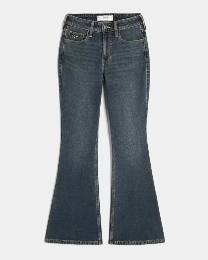 High-Rise Dark Wash Broderade Blommor Flare Jeans High-Rise Dark Wash Broderade Blommor Flare Jeans