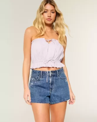 High-Rise Medium Wash Blommiga broderade A-line jeansshorts