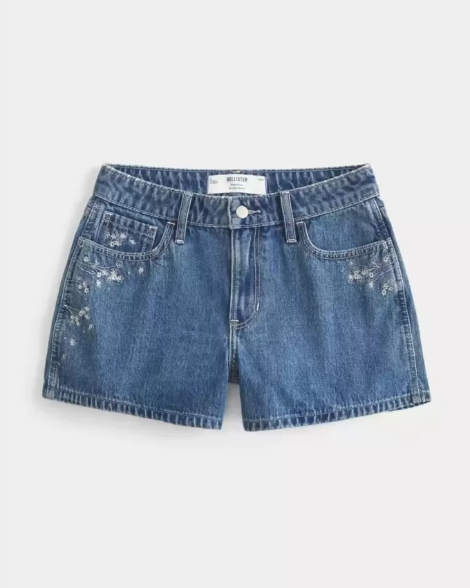 High-Rise Medium Wash Blommiga broderade A-line jeansshorts High-Rise Medium Wash Blommiga broderade A-line jeansshorts