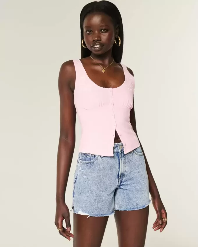 High-Rise Medium Wash Shell broderade baggy jeansshorts 5″ High-Rise Medium Wash Shell broderade baggy jeansshorts 5″