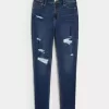 High-Rise Ripped Dark Wash Super Skinny Jeans
