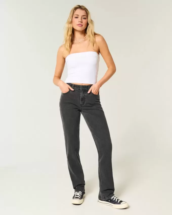 High-Rise tvättade svarta raka jeans High-Rise tvättade svarta raka jeans