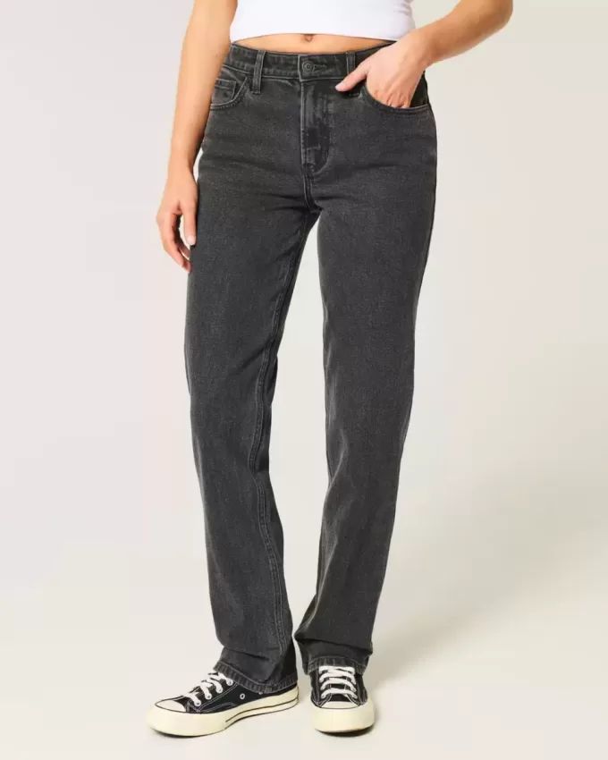 High-Rise tvättade svarta raka jeans High-Rise tvättade svarta raka jeans