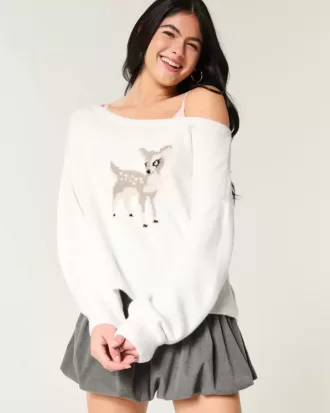 Hollister Comfy Cloud Easy Off-the-Soulder Deer Graphic Sweater