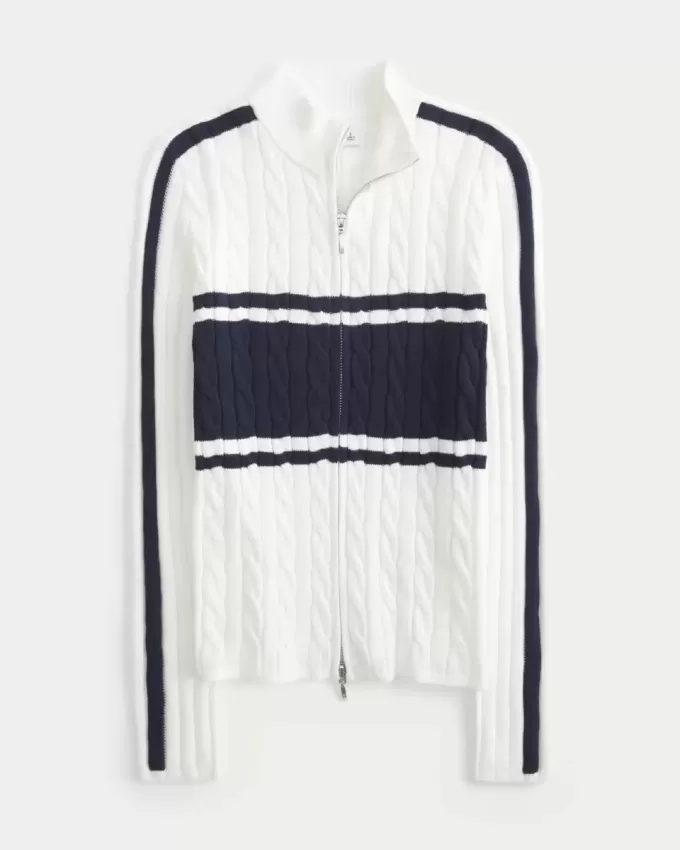 Kabelstickad Mock-Neck Zip-Up tröja Kabelstickad Mock-Neck Zip-Up tröja