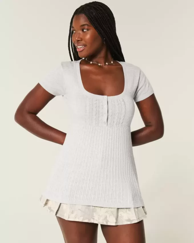 Kortärmad Henley Babydoll Topp Kortärmad Henley Babydoll Topp