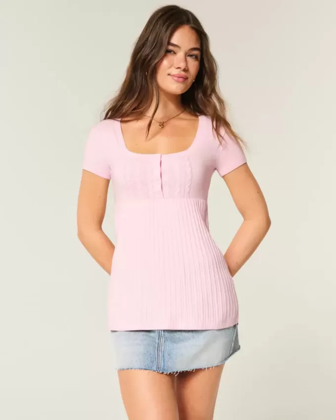 Kortärmad Henley Babydoll Topp Kortärmad Henley Babydoll Topp