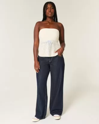 Kurvig låg-Rise Dark Wash Vikbar midja Baggy jeans