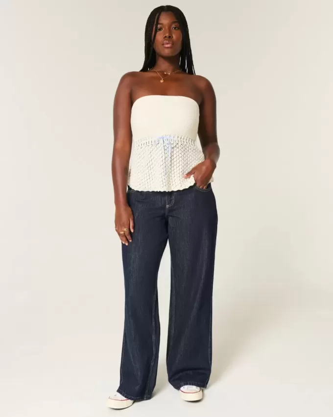 Kurvig låg-Rise Dark Wash Vikbar midja Baggy jeans Kurvig låg-Rise Dark Wash Vikbar midja Baggy jeans