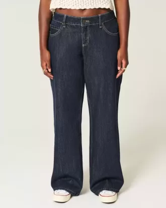 Kurvig låg-Rise Dark Wash Vikbar midja Baggy jeans