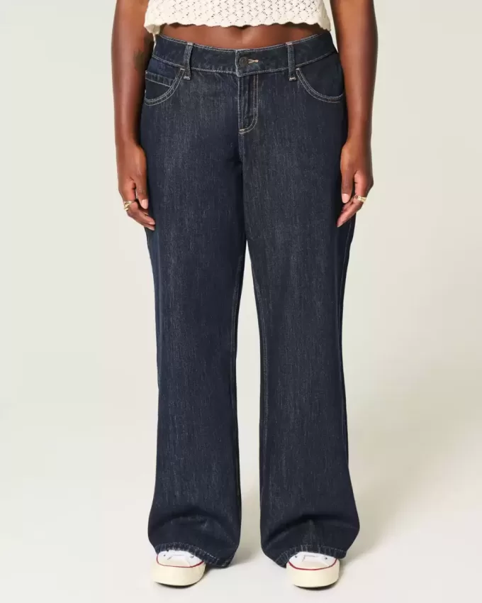 Kurvig låg-Rise Dark Wash Vikbar midja Baggy jeans Kurvig låg-Rise Dark Wash Vikbar midja Baggy jeans