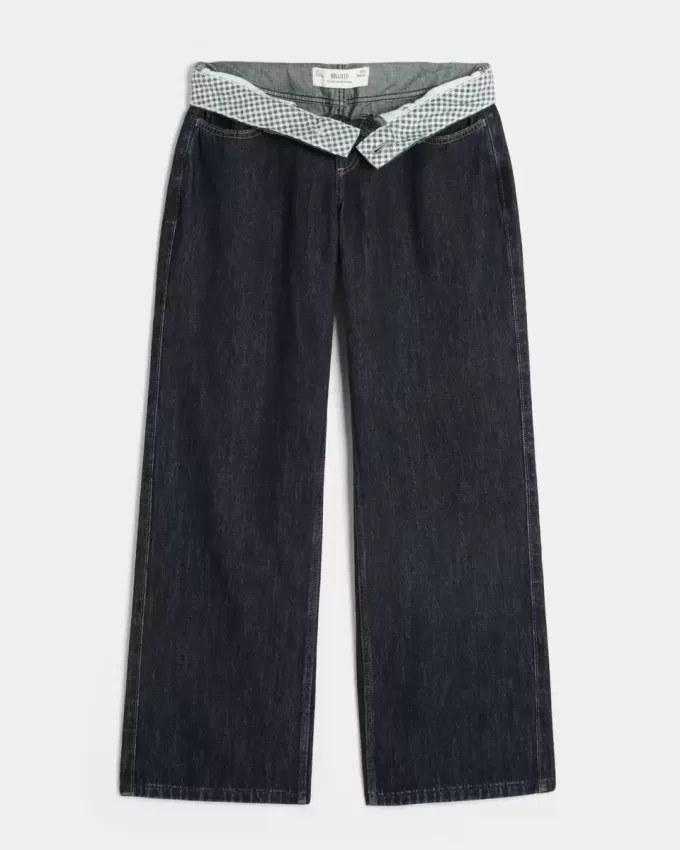 Kurvig låg-Rise Dark Wash Vikbar midja Baggy jeans Kurvig låg-Rise Dark Wash Vikbar midja Baggy jeans