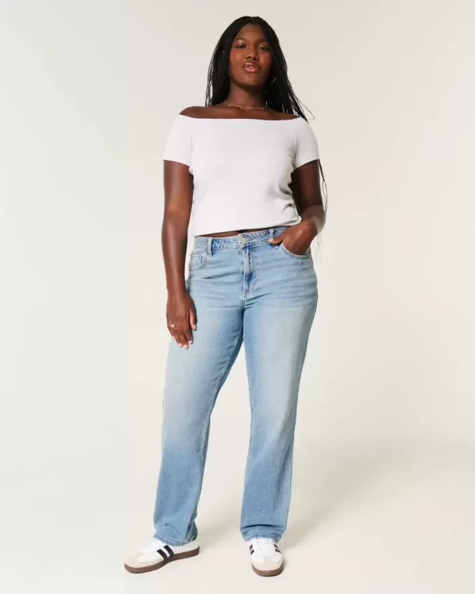 Kurviga högväxt medeltvättade raka jeans Kurviga högväxt medeltvättade raka jeans