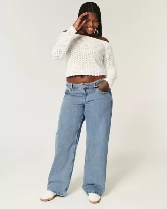 Kurviga låg-Rise Medium Wash Baggy Jeans