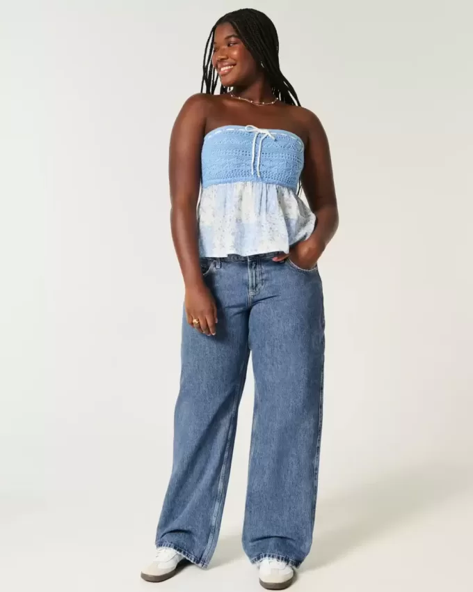 Kurviga låg-Rise Medium Wash Baggy Jeans