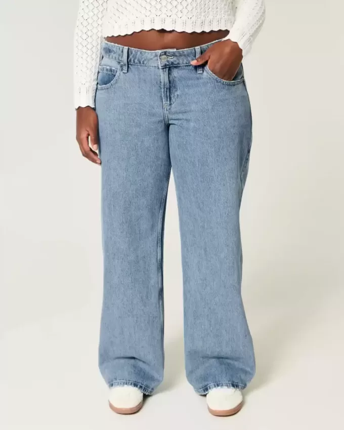 Kurviga låg-Rise Medium Wash Baggy Jeans